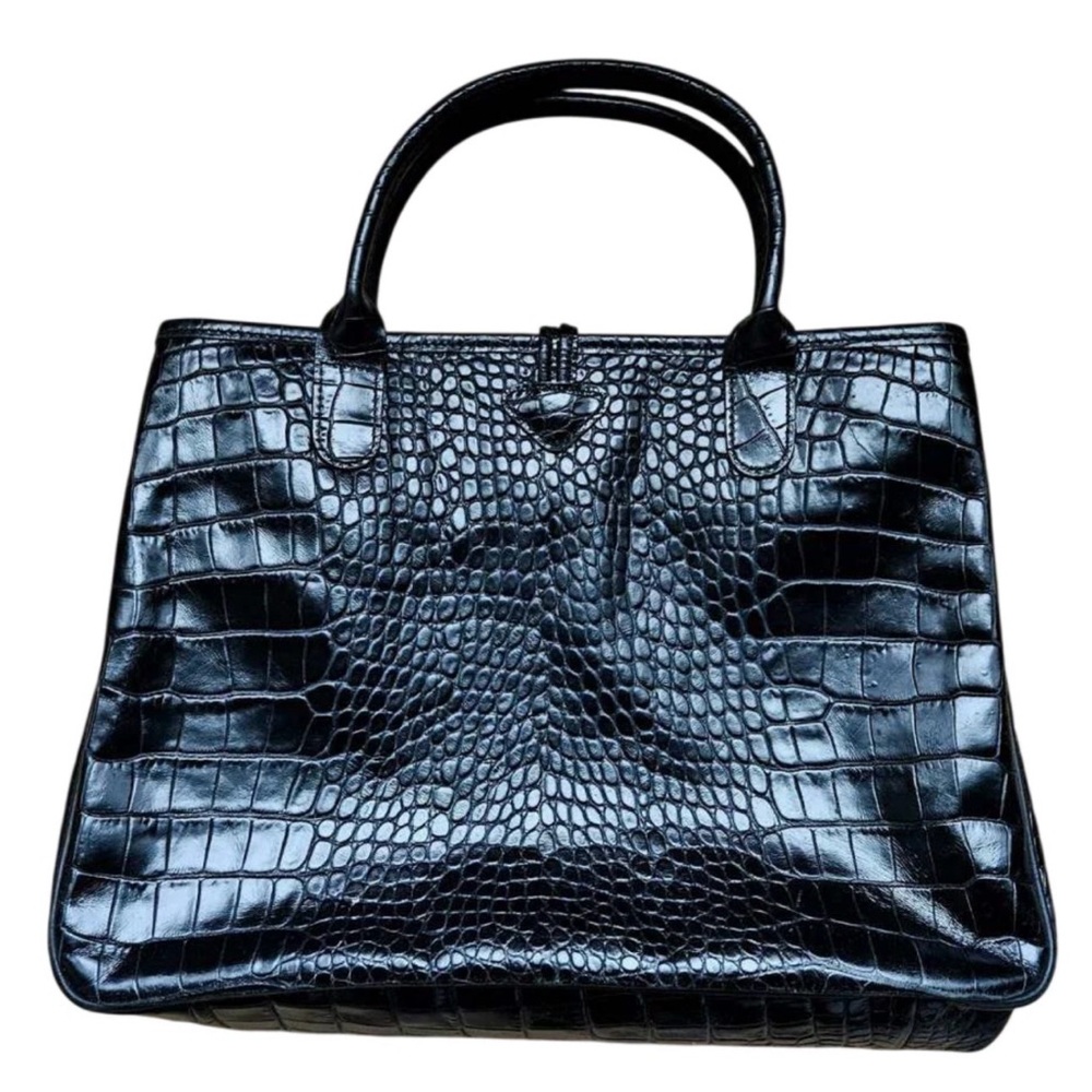 Longchamp Black Crocodile-Embossed Tote